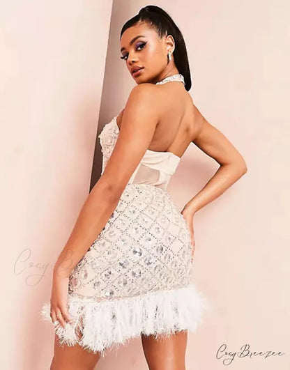 ASOS LUXE halter cross neck embellished Modern mini dress with feather hem in natural 16 Days / 2 / XS / White