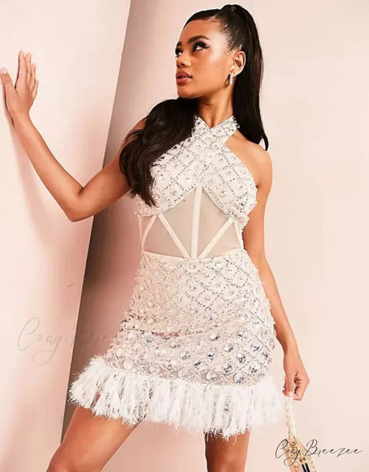 ASOS LUXE halter cross neck embellished Modern mini dress with feather hem in natural 4 Days / 2 / XS / White