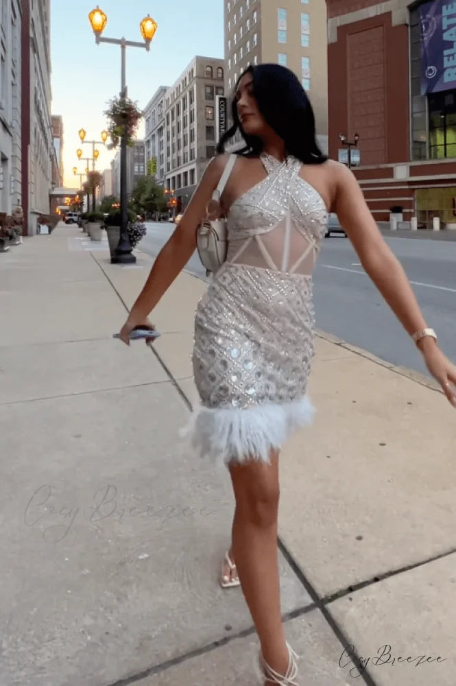 ASOS LUXE halter cross neck embellished Modern mini dress with feather hem in natural 8 Days / 2 / XS / White