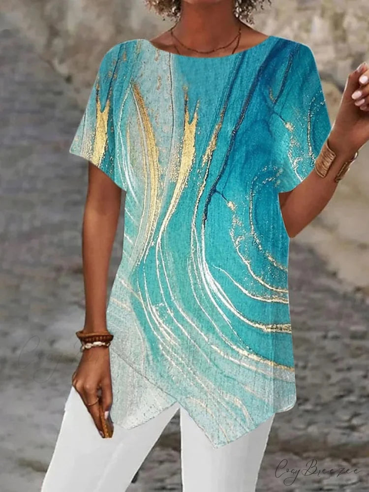 Asymmetric Blouse - Design Blouse Women’s Abstract Graphic Silver/Black/White Blue / S