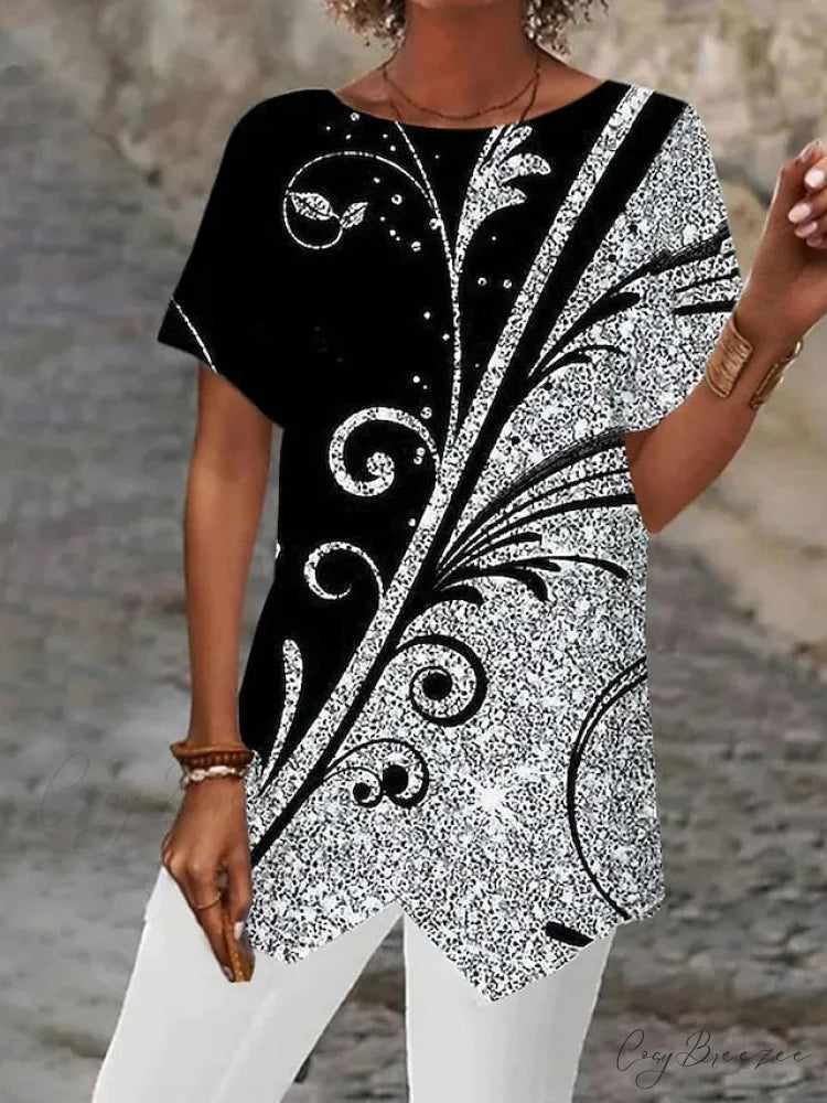 Asymmetric Blouse - Design Blouse Women’s Abstract Graphic Silver/Black/White Black / S