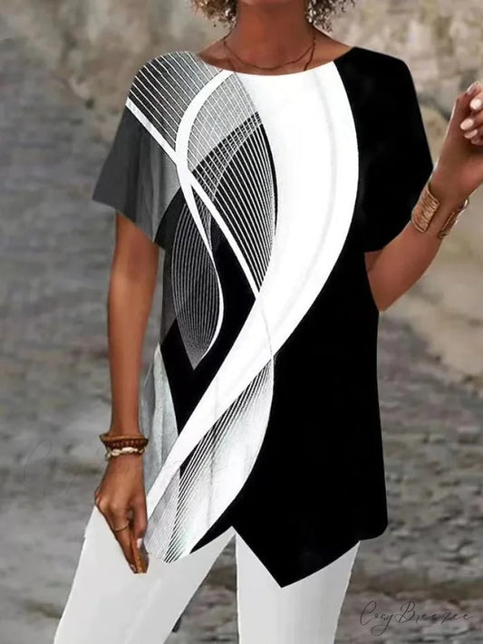 Asymmetric Blouse - Design Blouse Women’s Abstract Graphic Silver/Black/White White / S