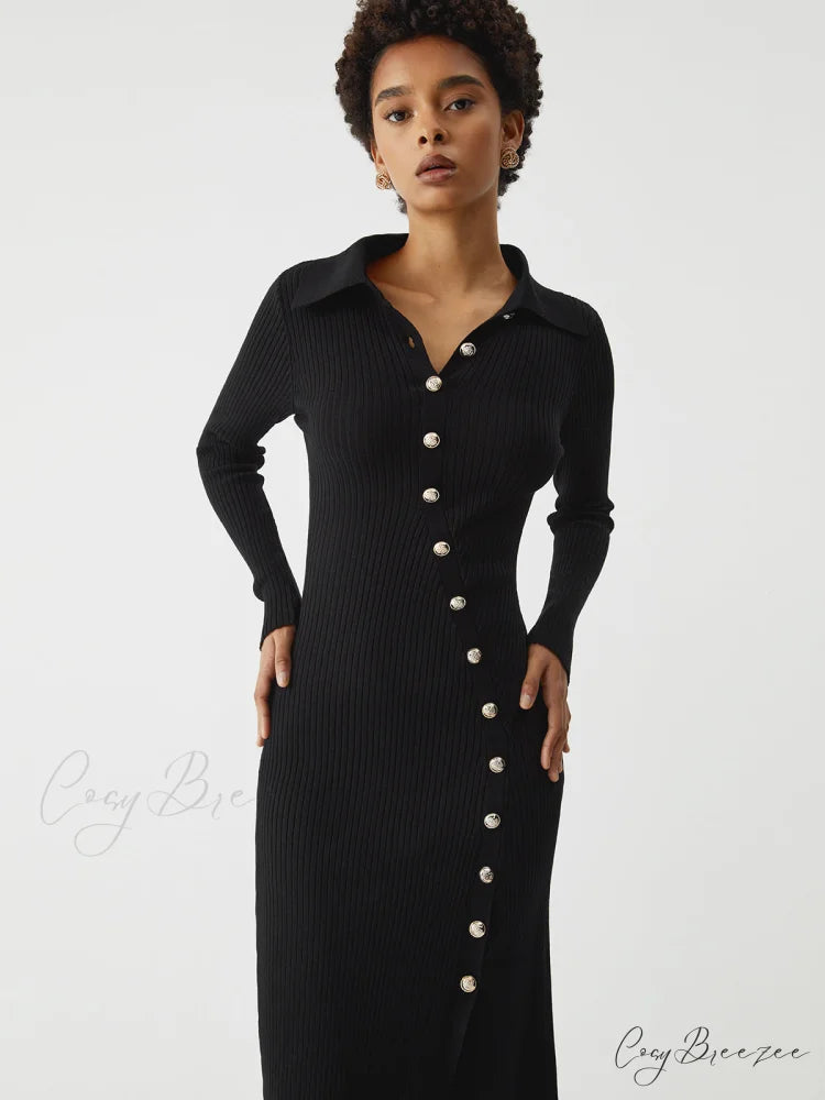 Asymmetric Button Down Long Modern Sleeve Midi Sweater Dress
