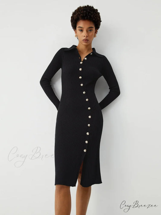 Asymmetric Button Down Long Modern Sleeve Midi Sweater Dress Black / S