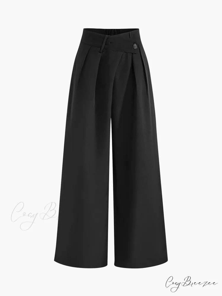 Asymmetric Buttoned Wide Trendy Leg Dress Pants