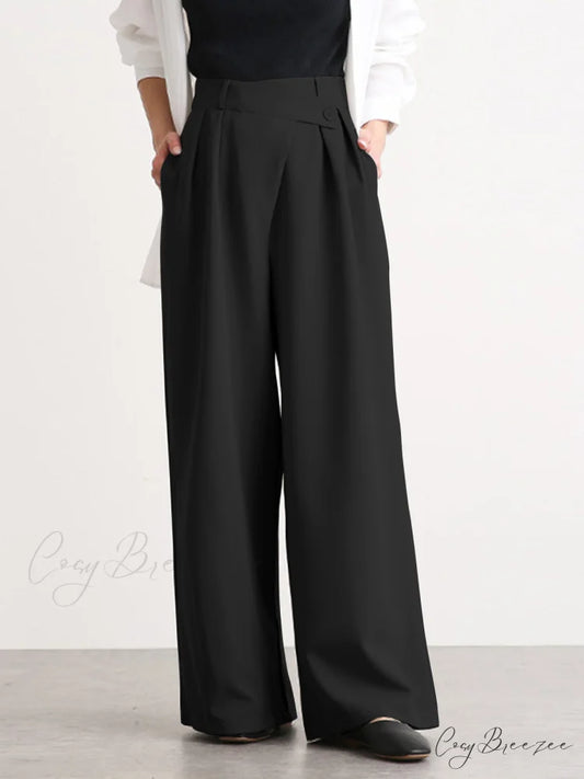 Asymmetric Buttoned Wide Trendy Leg Dress Pants Black / S