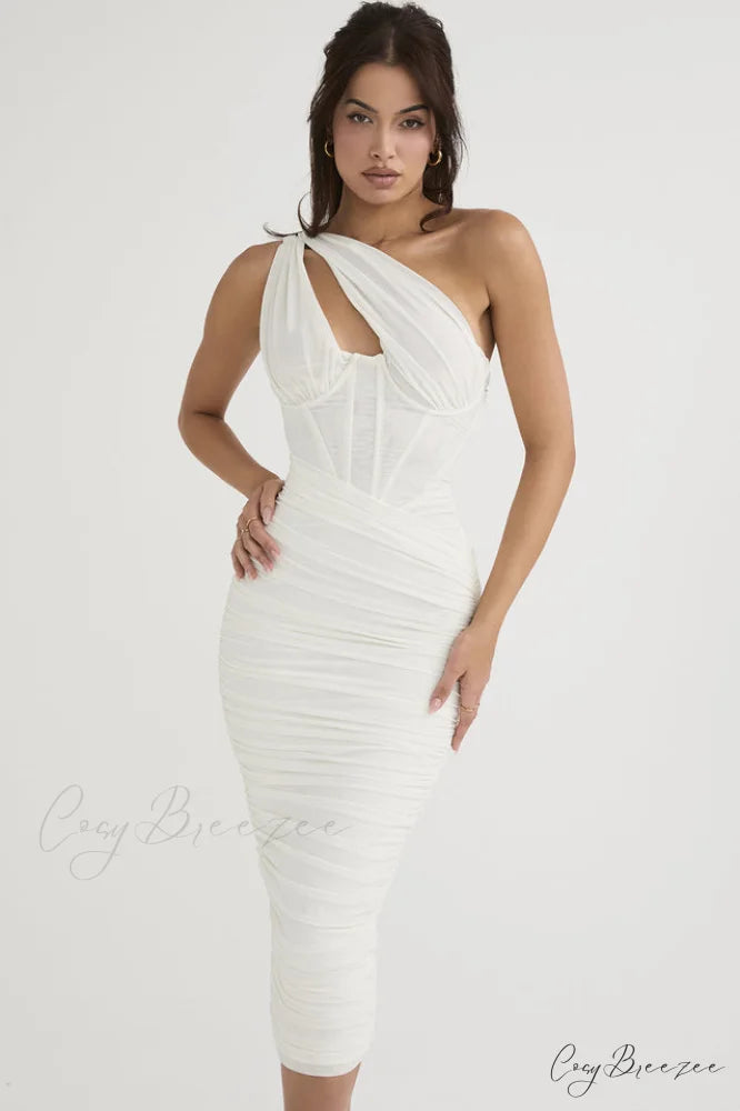 Asymmetric Cutout Stylish Midi Dress XS / White