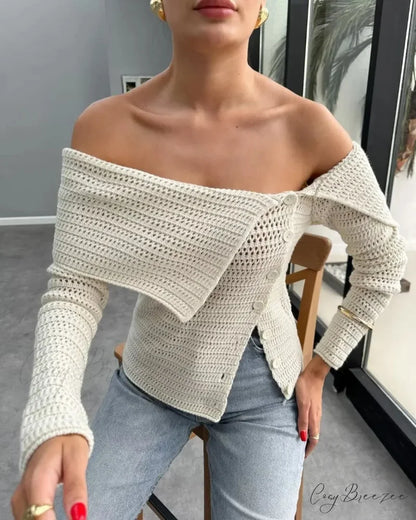 Asymmetric Design Slant Collar Button Cardigan Beige / S cardigans-241228