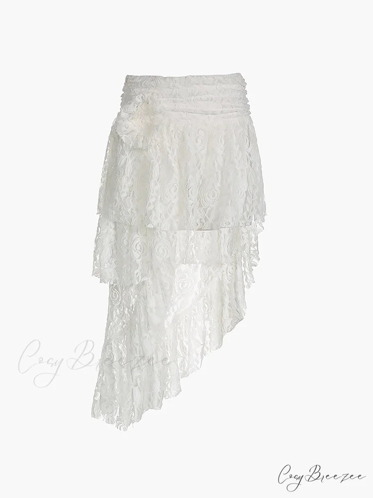 Asymmetric Flower Lace Trendy Ruffles Pleated Long Skirt