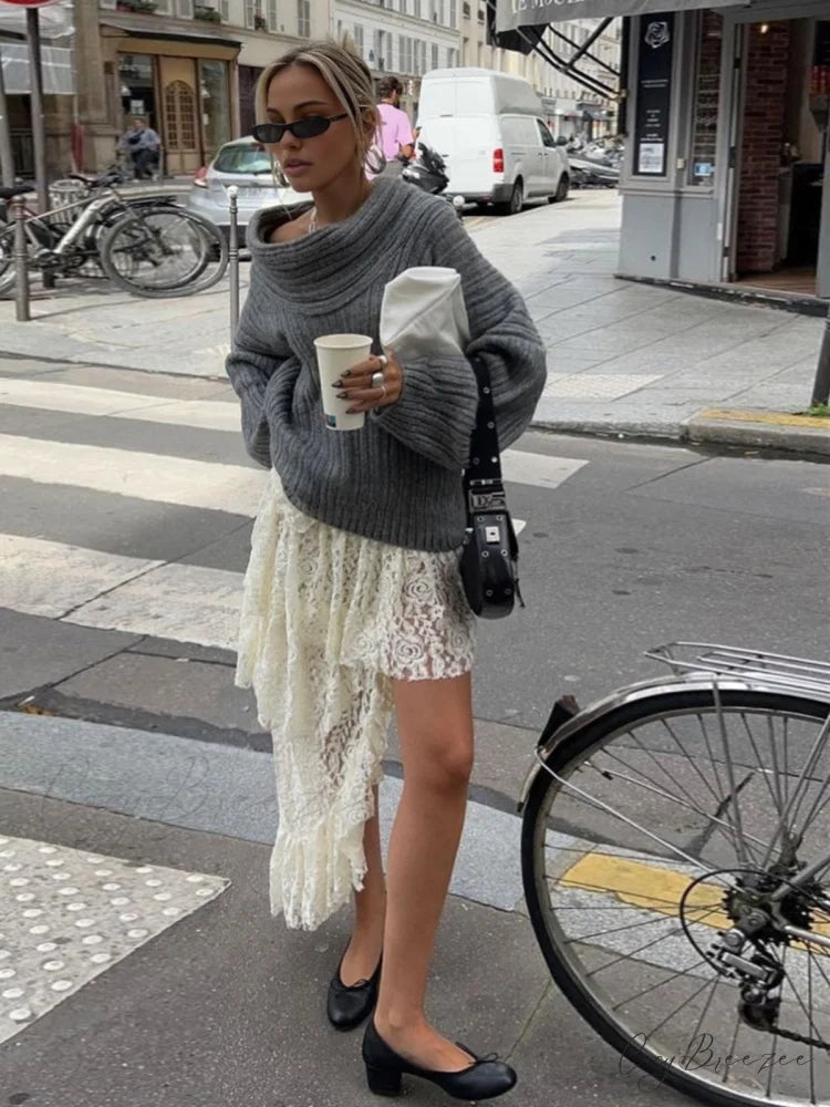 Asymmetric Flower Lace Trendy Ruffles Pleated Long Skirt White / S