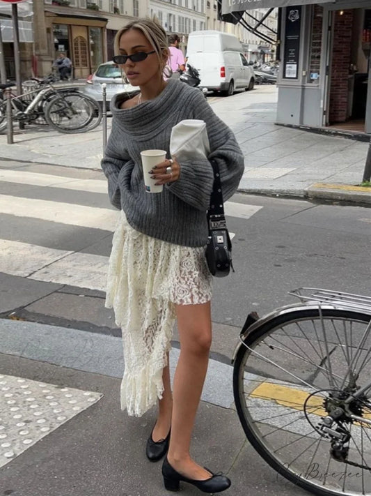 Asymmetric Flower Lace Trendy Ruffles Pleated Long Skirt White / S