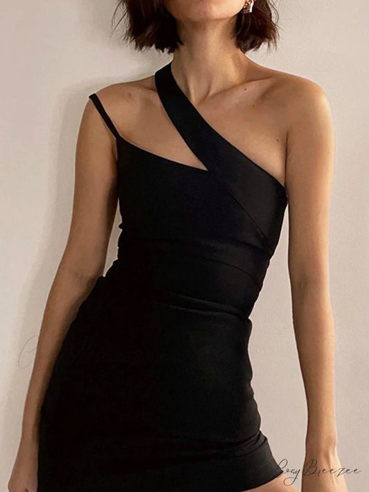 Asymmetric Halter Graceful Bodycon Short Dress Black / S