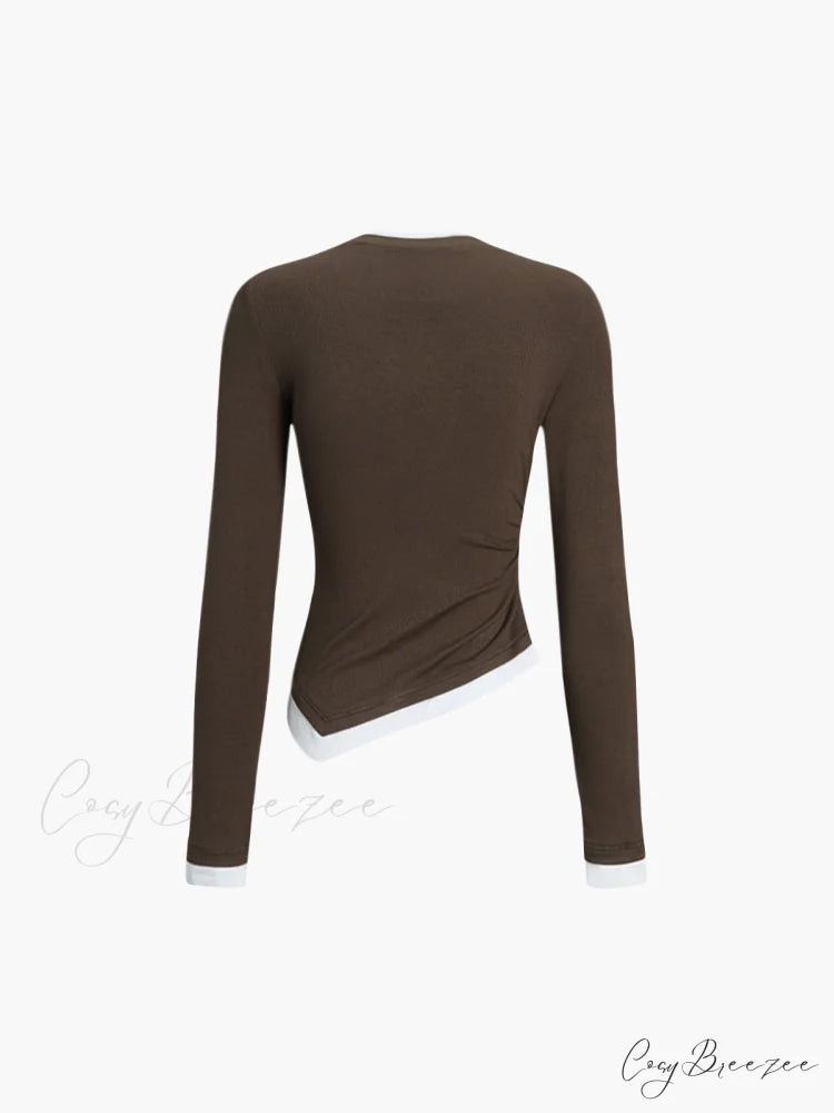 Asymmetric Hem Contrast Trendy Trim Long Sleeve Shirt