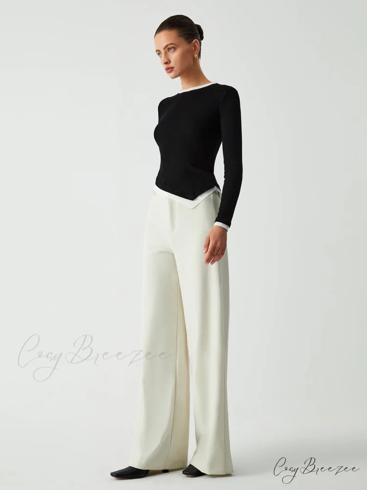 Asymmetric Hem Contrast Trendy Trim Long Sleeve Shirt