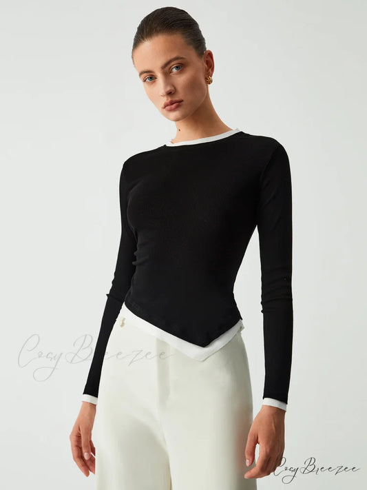 Asymmetric Hem Contrast Trendy Trim Long Sleeve Shirt Black / XS