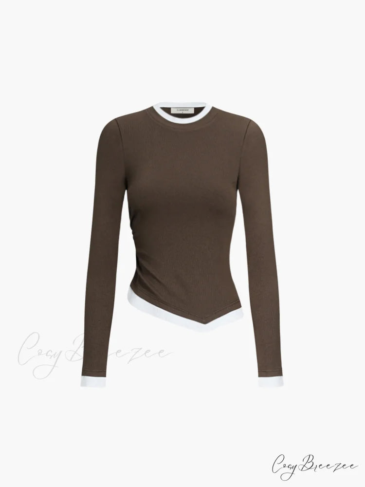 Asymmetric Hem Contrast Trendy Trim Long Sleeve Shirt Brown / XS