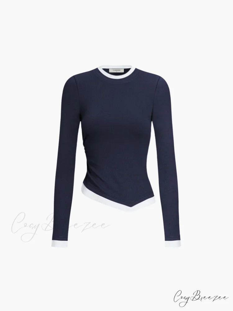 Asymmetric Hem Contrast Trendy Trim Long Sleeve Shirt Navy / XS