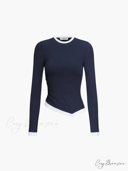 Asymmetric Hem Contrast Trendy Trim Long Sleeve Shirt Navy / XS