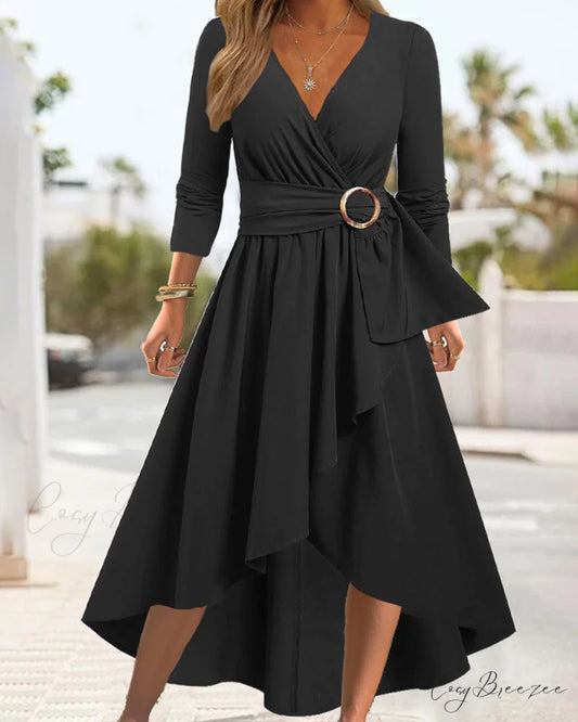 Asymmetric Hem Solid Color Dress Black / S