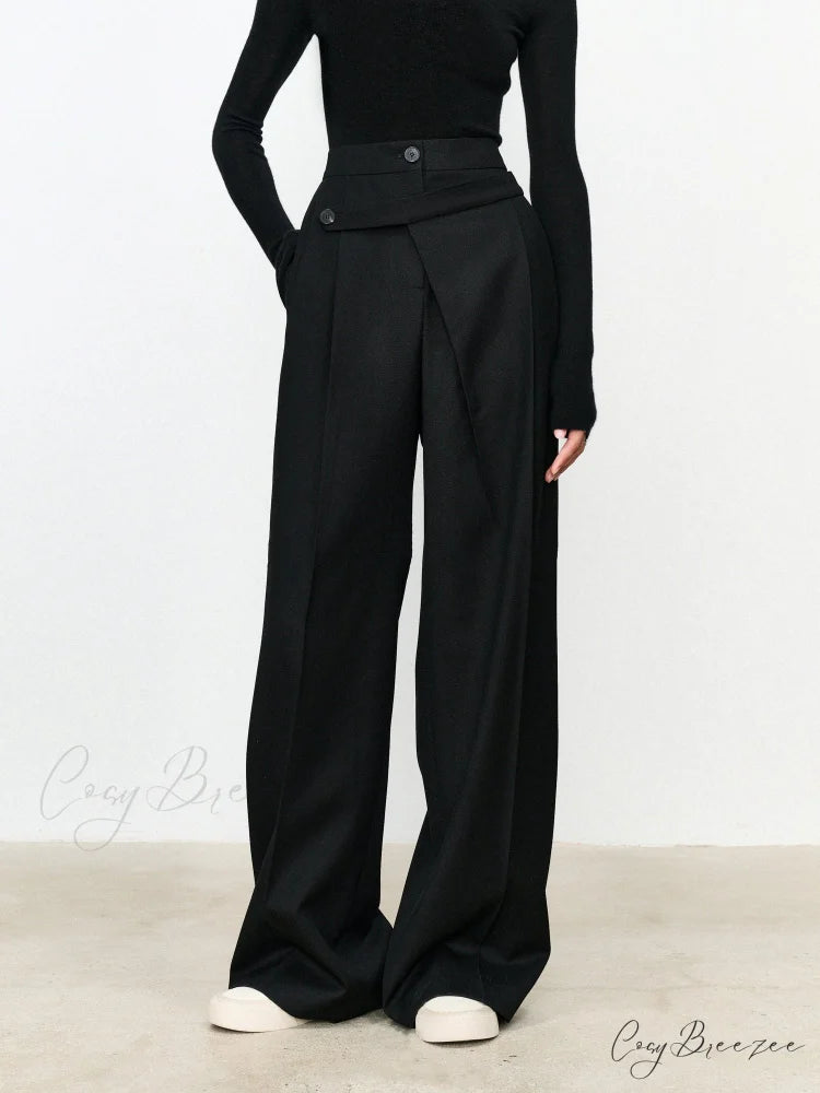 Asymmetric Layer Button Trendy Straight Leg Dress Pants