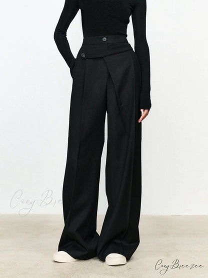 Asymmetric Layer Button Trendy Straight Leg Dress Pants