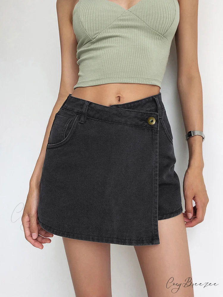 Asymmetric Layered Graceful Denim Shorts Black / XS