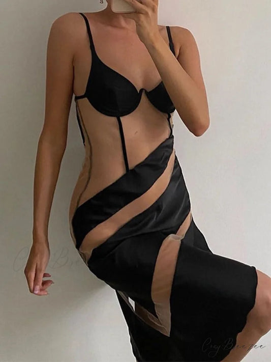 Asymmetric Mesh Graceful Crop Cami Top Black / S