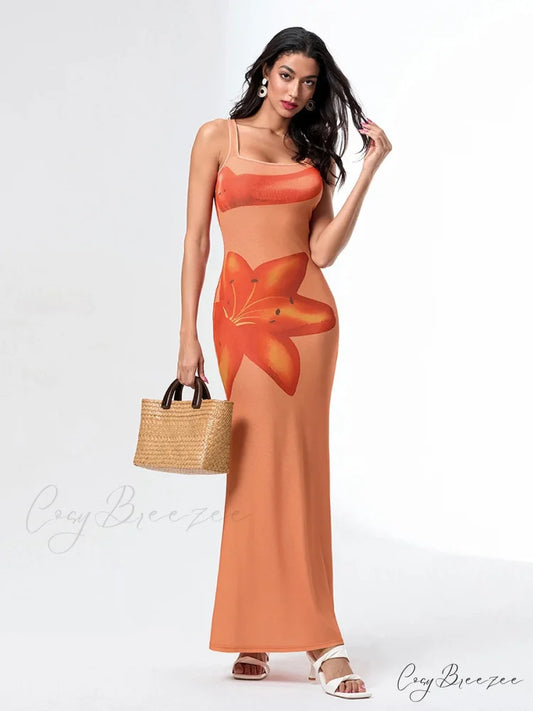 Asymmetric Neck Tank Sleeveless Wrap Bodycon Vacation Dress floraldress-250126