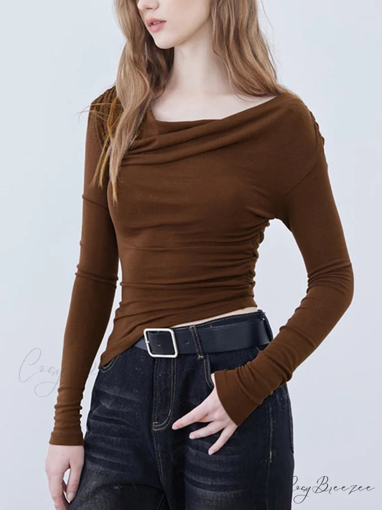 Asymmetric Neckline Ruched Trendy Long Sleeve Shirt