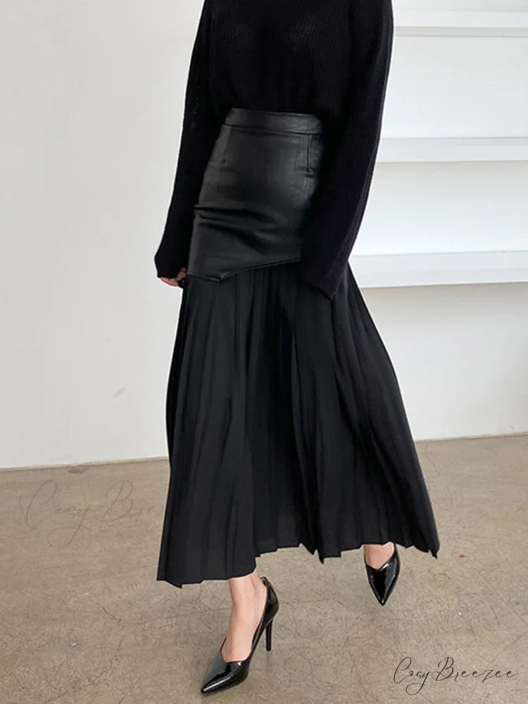 Asymmetric Patchwork Faux Leather Modern Chiffon Pleated Midi Skirt Black / XS
