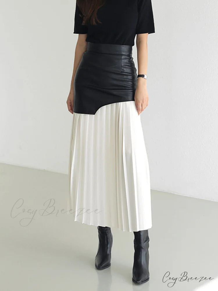Asymmetric Patchwork Faux Leather Modern Chiffon Pleated Midi Skirt White / XS