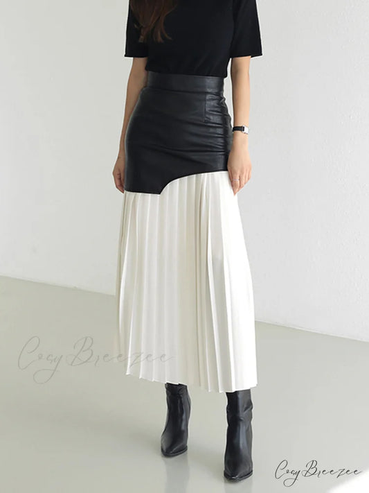 Asymmetric Patchwork Faux Leather Modern Chiffon Pleated Midi Skirt White / XS