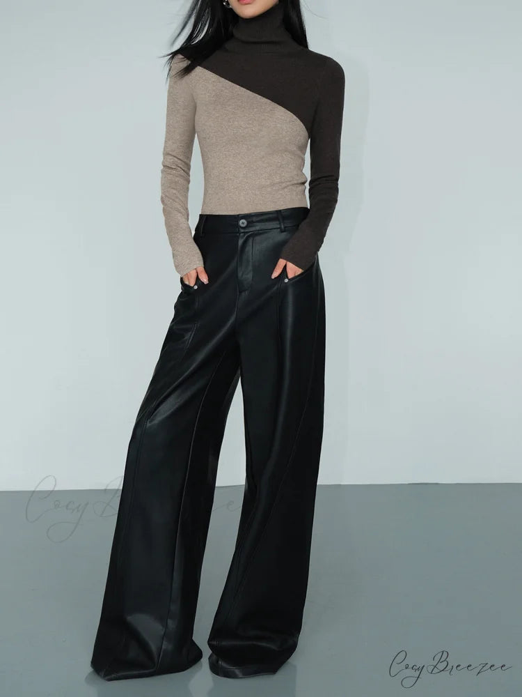 Asymmetric Patchwork Long Sleeve Modern Mock Neck Knit Top