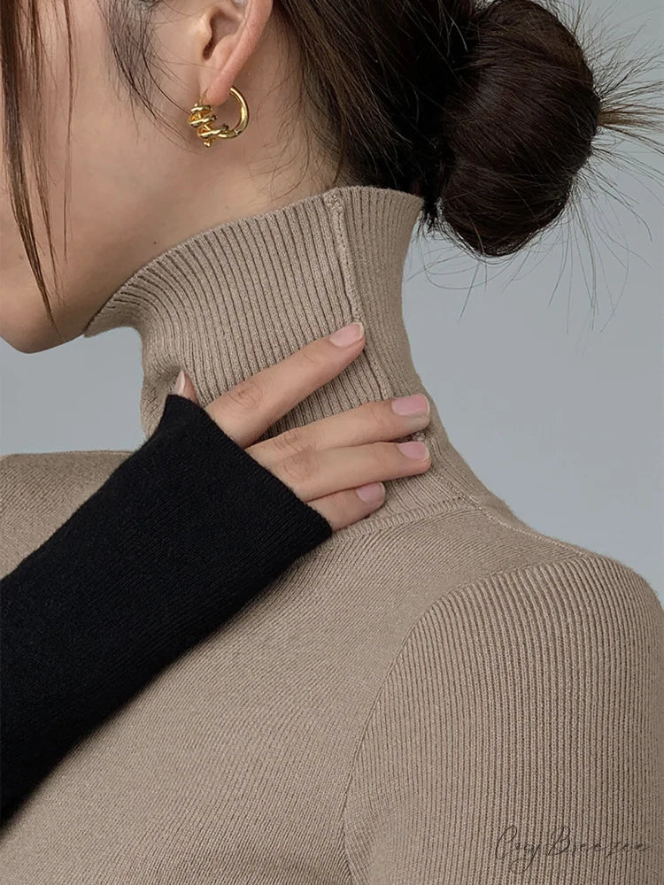Asymmetric Patchwork Long Sleeve Modern Mock Neck Knit Top