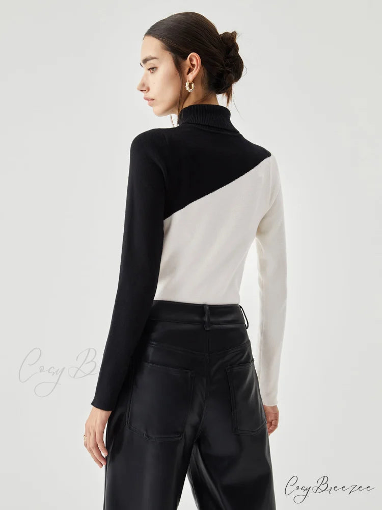 Asymmetric Patchwork Long Sleeve Modern Mock Neck Knit Top