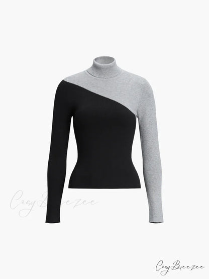 Asymmetric Patchwork Long Sleeve Modern Mock Neck Knit Top Light Grey / XS