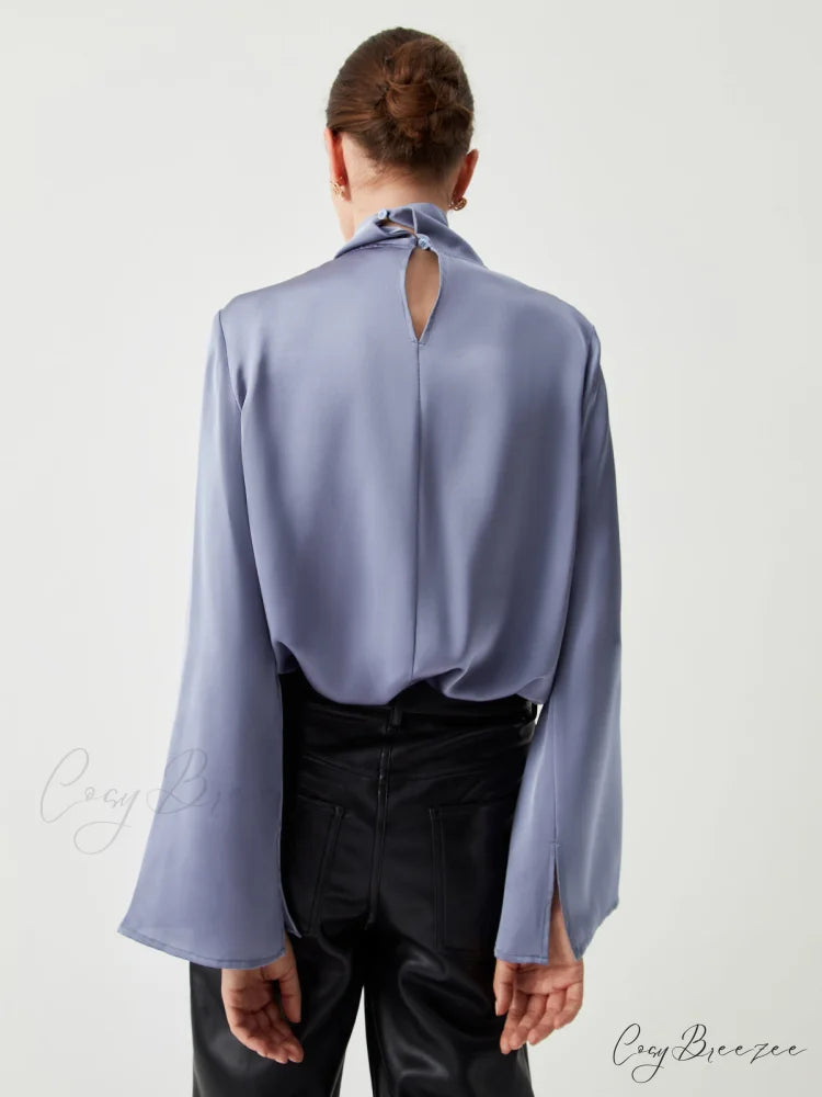 Asymmetric Pleated Graceful Turtleneck Satin Shirt