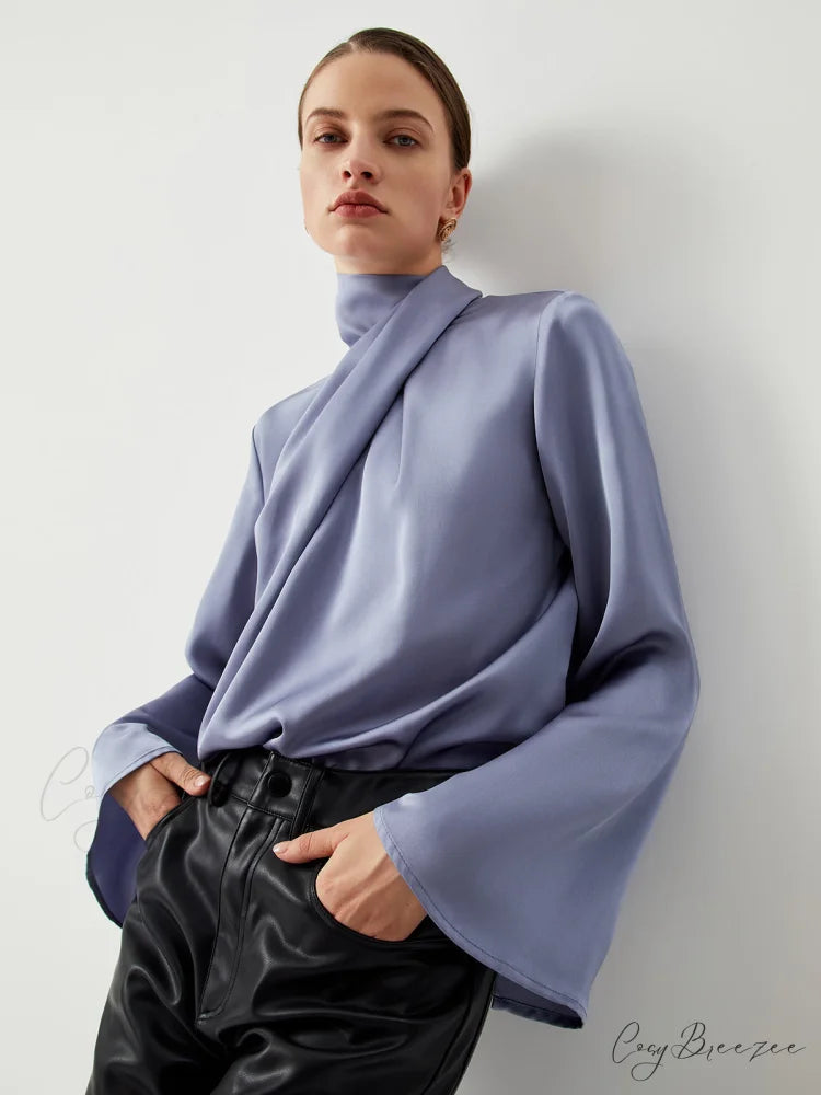 Asymmetric Pleated Graceful Turtleneck Satin Shirt