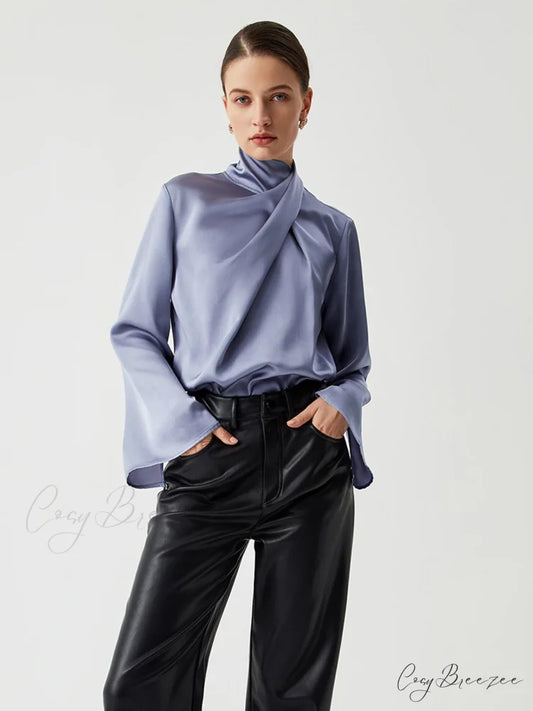 Asymmetric Pleated Graceful Turtleneck Satin Shirt Grey / XS