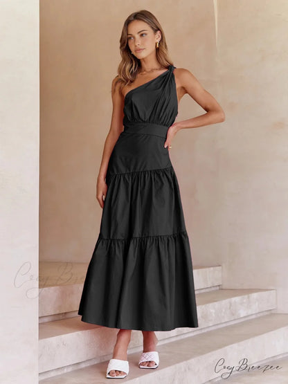 Asymmetric Shoulder Graceful Knotted Midi Dress Black / XS