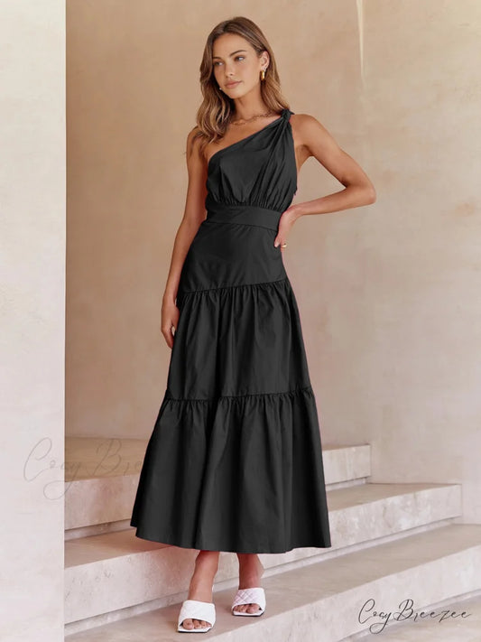 Asymmetric Shoulder Graceful Knotted Midi Dress Black / XS