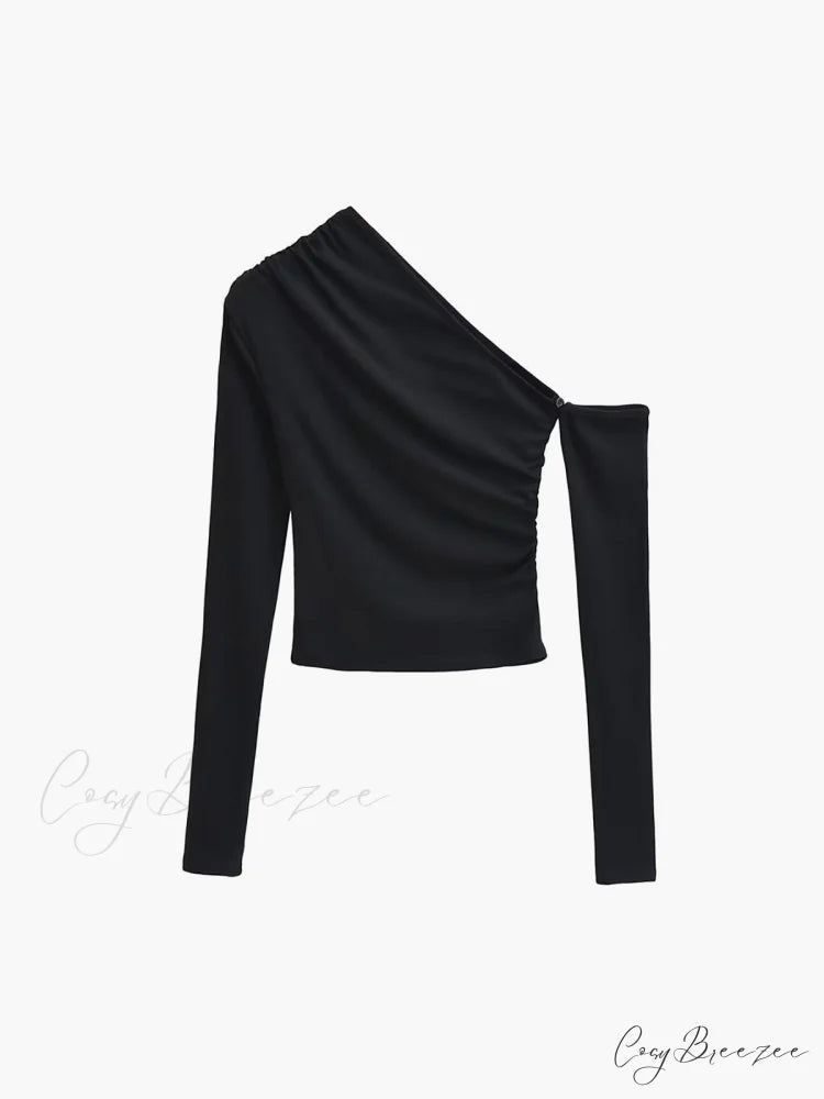 Asymmetric Sleeve Graceful Ruched Crop Shirt Black / XS
