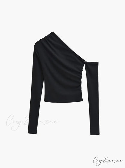 Asymmetric Sleeve Graceful Ruched Crop Shirt Black / XS
