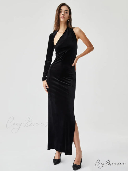 Asymmetric Sleeve Velvet Slit Modern Open Back Long Dress Black / XS