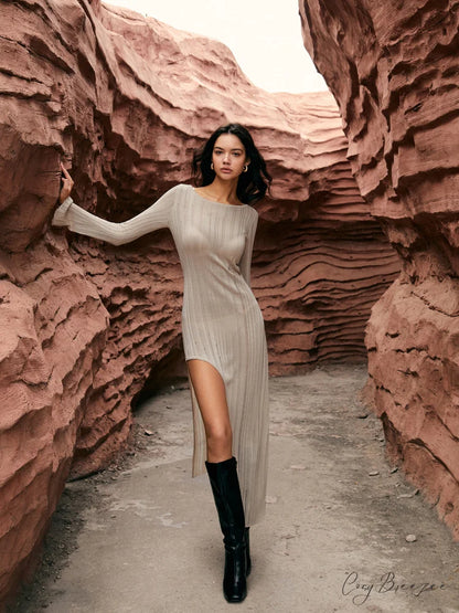 Asymmetric Split Graceful Sweater Long Dress Light Brown / XS