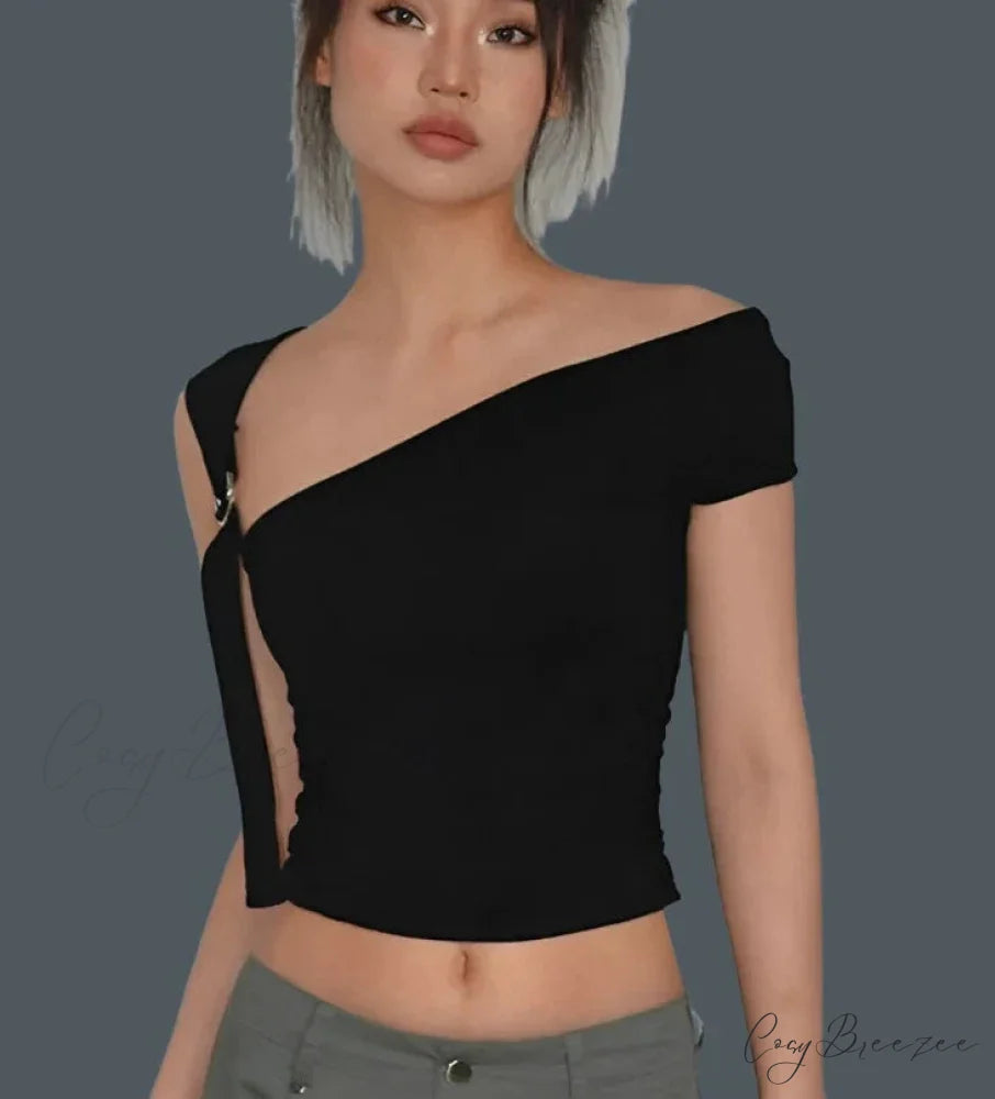Asymmetric Strap Buckle Charming Sleeve Crop Top