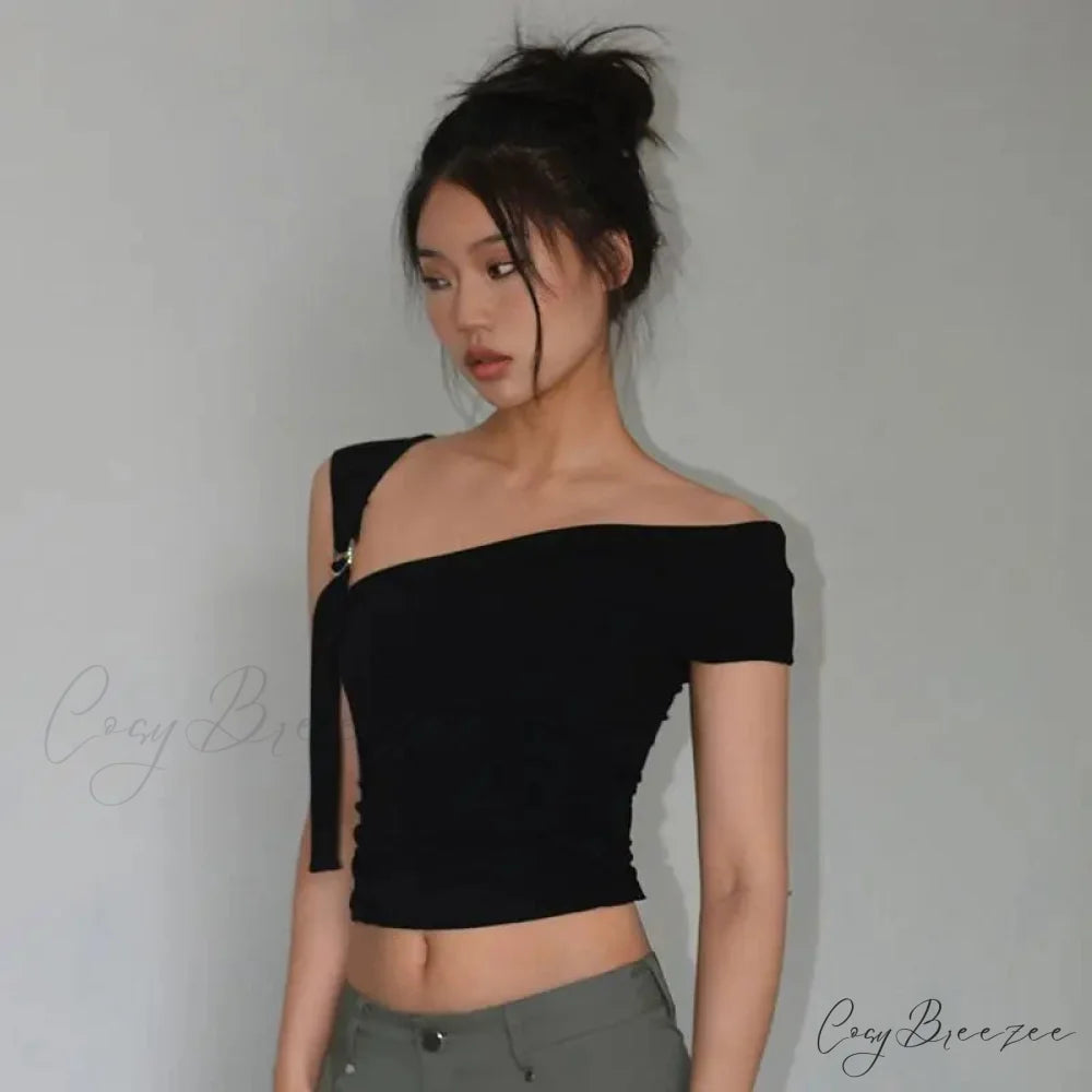 Asymmetric Strap Buckle Charming Sleeve Crop Top Black / S