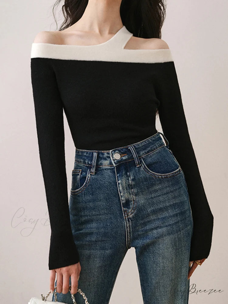 Asymmetric Strap Graceful Off-Shoulder Top Black / S