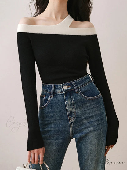 Asymmetric Strap Graceful Off-Shoulder Top Black / S