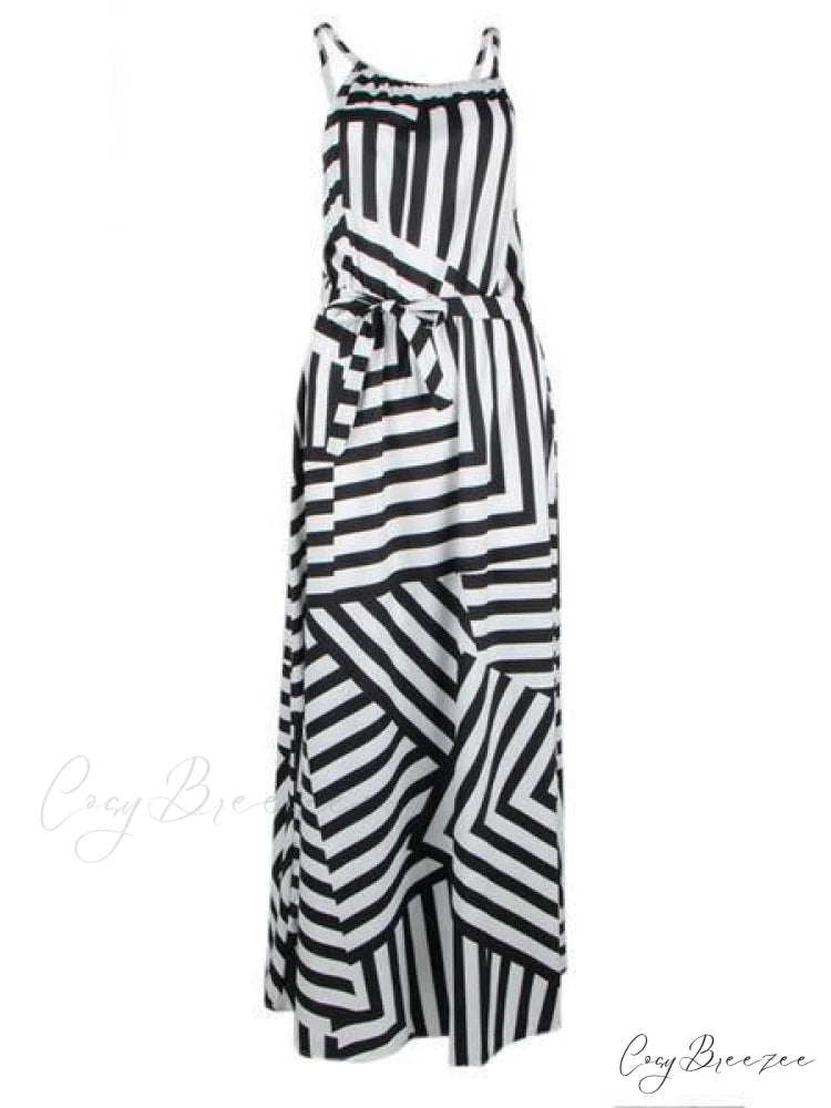 Asymmetric Striped Halterneck Maxi Dress in White and Black